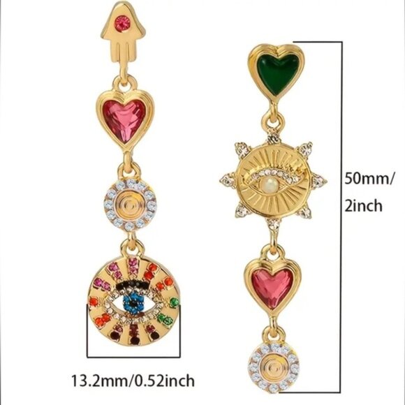 Bohemian Ethnic Seeing Eye Rhinestone  Heart Gold and Multicolor Dangle Earrings - Picture 5 of 5